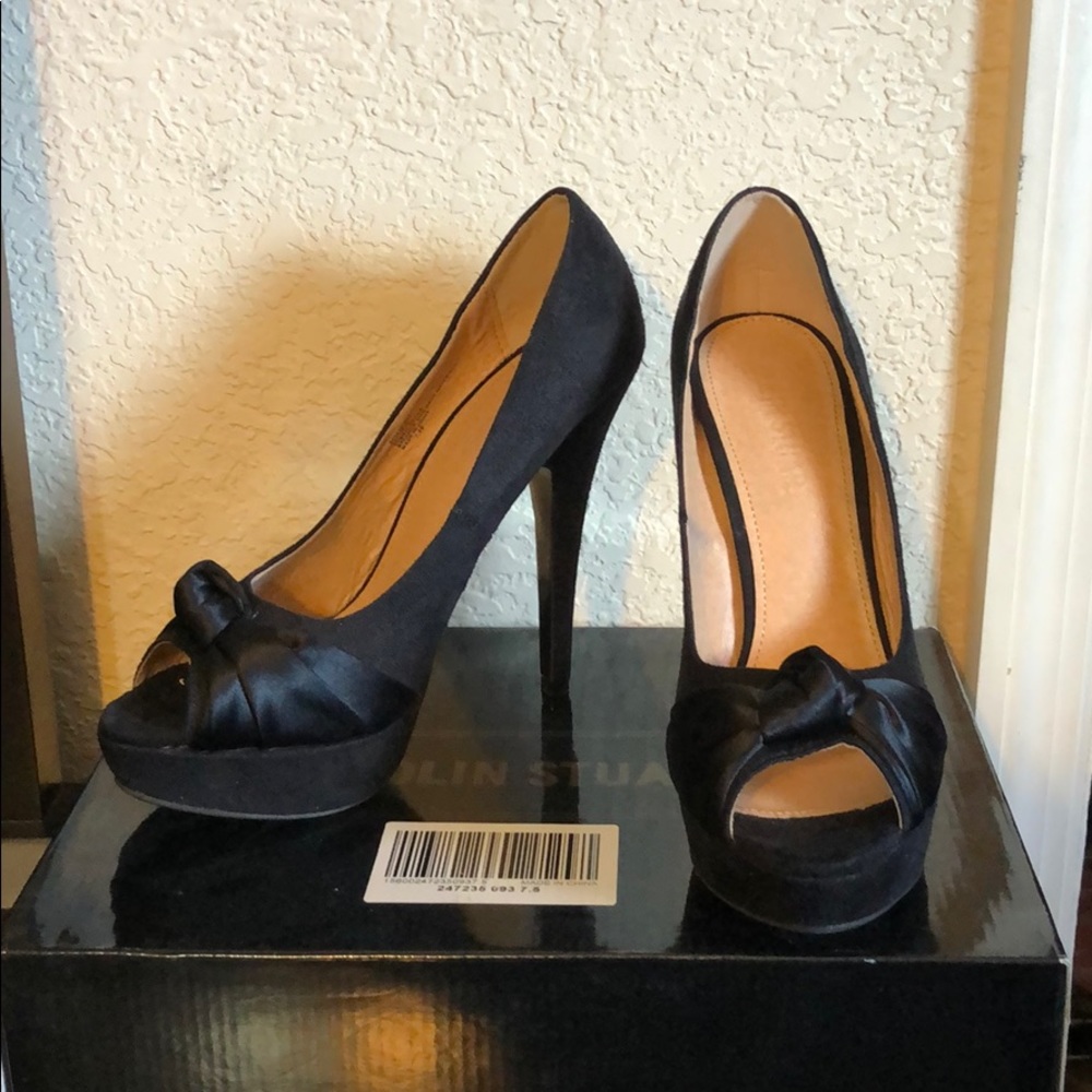 Black suede peep toe heels